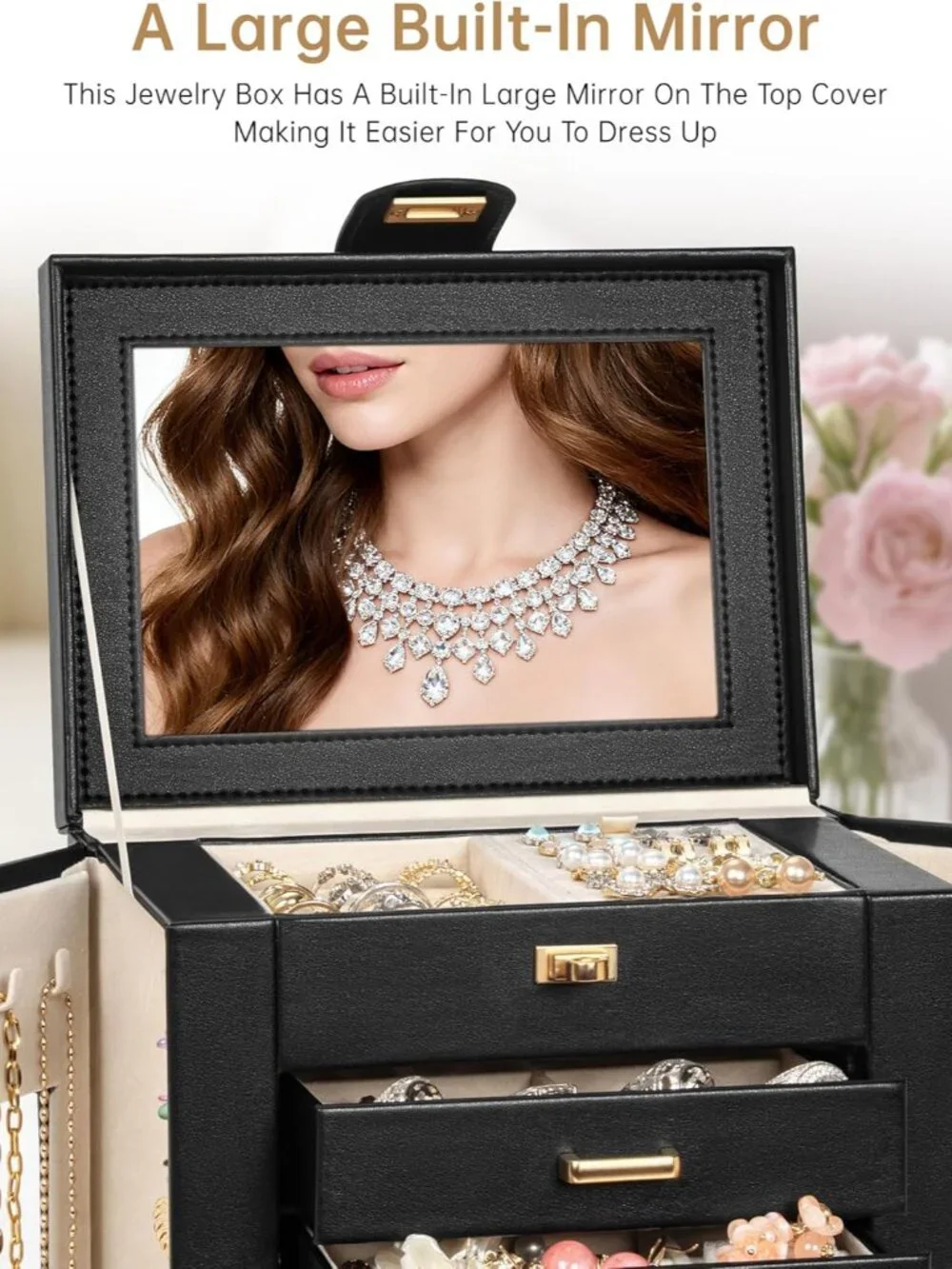 Elegant 6-Tier Leather Jewelry Organizer with Mirror & 360° Rotation